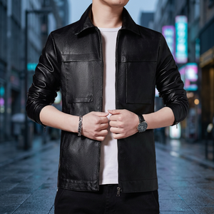 Chaqueta de Cuero PU Negra para Hombre, Estilo Motero, Cuello Camisero, Cierre de Cremallera, Corte Ajustado, para Otoño - Product Image 3