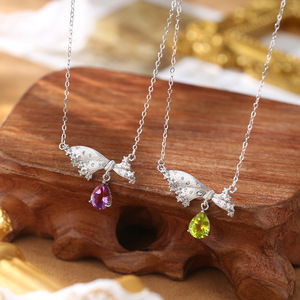 Collar con Lazo y 9 Piedras Preciosas Multicolores en Forma de Gota de Agua, Plata 925, Piedra Natural, Joyería Impermeable para Mujer - Product Image 2