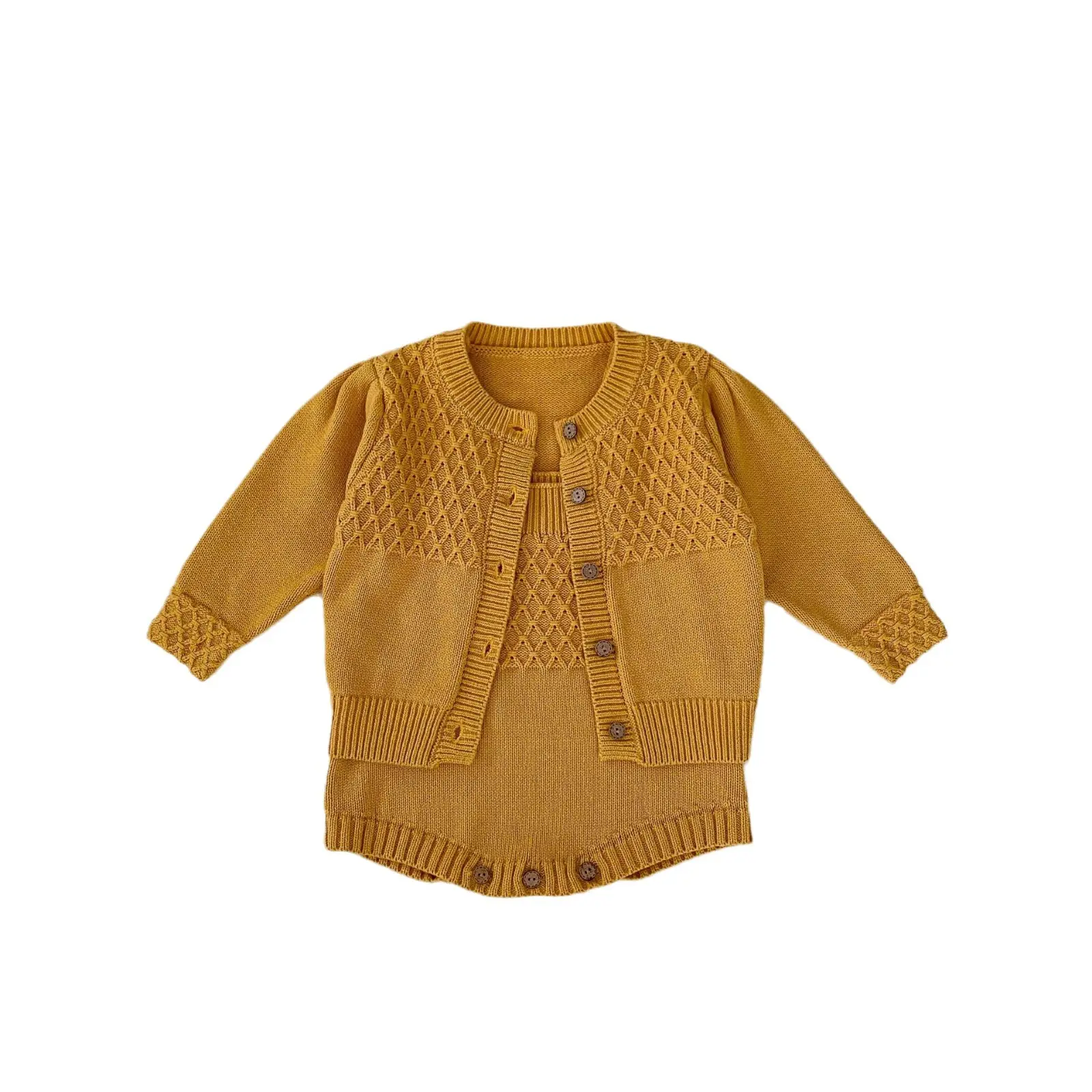 春の赤ちゃんの女の子の黄色のニットコート + 無地のホルターセーターは2セットに分けることができます