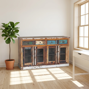 Aparador de Madera Maciza Reciclada Estilo Rústico con 3 Puertas y Cajones, Hecho a Mano, para Salón/Comedor de Hotel - Product Image 6