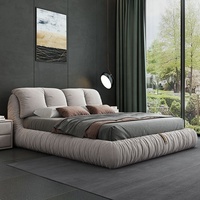 Lit double de taille Queen, design moderne et luxueux, revêtement en flanelle, cadre en teck, réglable, écologique