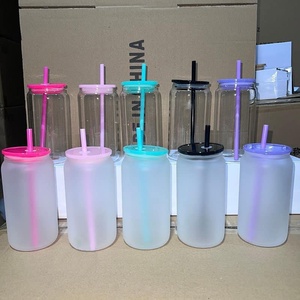 Vasos de Vidrio Transparente Esmerilado de 16 oz con Logotipo Personalizado, Sublimados para Cerveza, Jugos y Bebidas, con Tapas de Colores y Pajitas - Product Image 1