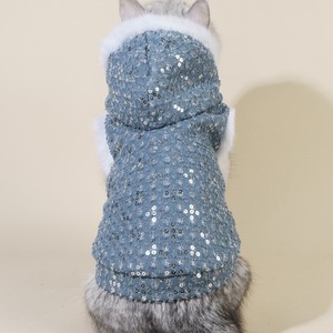 Cross-border heavy-duty double-layer denim <b>sequined</b> fleece open-chest hooded <b>jacket</b>, warm pet clothing source factory - Product Image 3