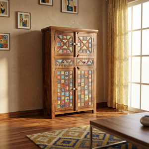 Vintage Indian Sheesham Wooden Bedroom Wardrobes Double Door Almirah Ceramic Tile Fitted Handcrafted For Living Room Hotel Room - Product Image 5