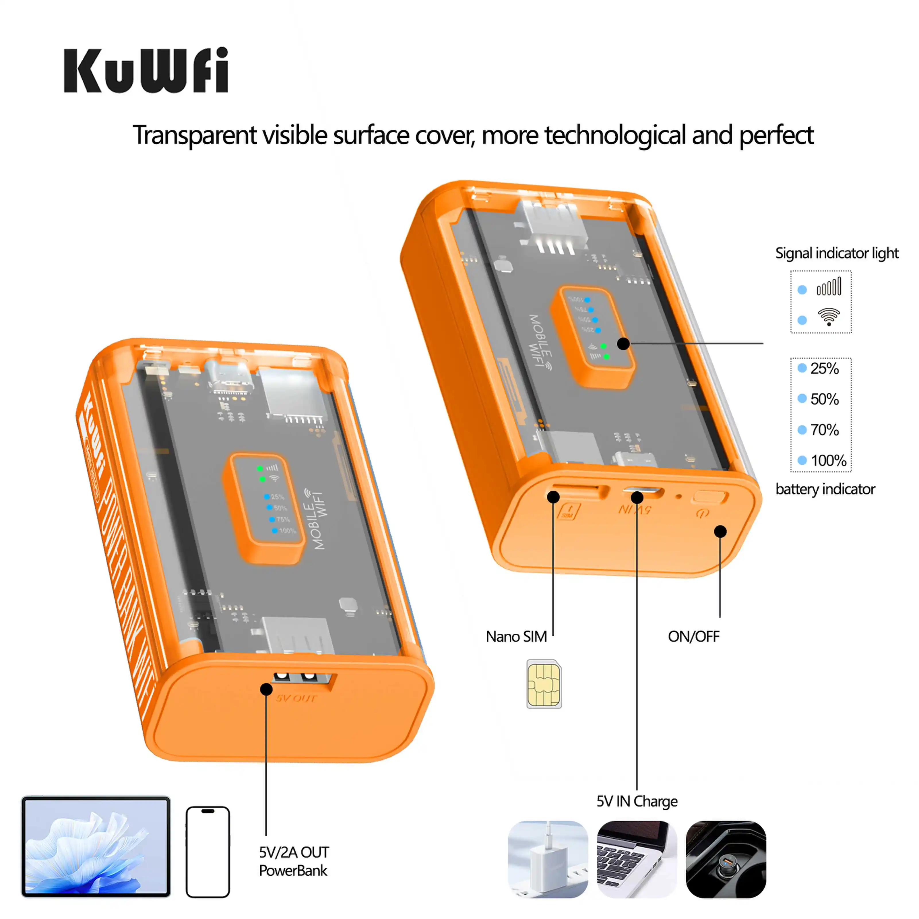 Внешний аккумулятор KuWFi, 150 Мбит/с, 5200 мАч