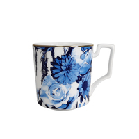 Mug Porselen Biru Indigo Bermotif Bunga dengan Pinggiran Emas, Cangkir Kopi Desainer, Peralatan Minum Teh Botani, Hadiah Pernikahan untuk Teh Sore