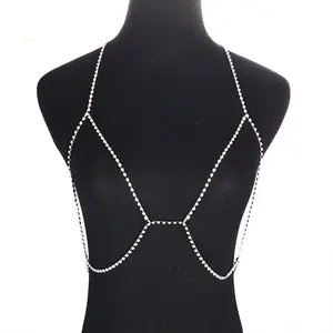 Fashion Trendy Gold Plated Women Bling Crossed Tennis Breast Chain Bikini Bra Rhinestone Crystal Beach Jewelry Body Chain