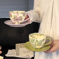 Set Cangkir Teh Kopi Porselen Keramik Mewah dengan Piring, Hadiah Modern Sederhana Minimalis Motif Bunga, Tahan Panas, Ramah Lingkungan, Food Grade