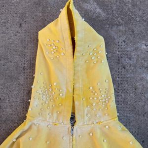 Custom Men Y2K Street Wear Cropped Zip up Hoodie Vintage Washed Yellow Pearl Rhinestone Studded Sun Faded Wash Zipper Hoodie - Product Image 2