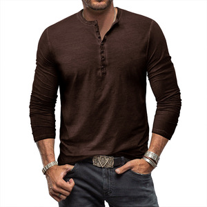 T-shirt Henley da uomo slim-fit vintage a maniche lunghe 180g in puro cotone traspirante, lavata e effetto distressed, con bottoni, per il commercio estero - Product Image 5