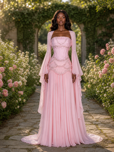 Abito <span class=keywords><strong>da</strong></span> <span class=keywords><strong>sera</strong></span> Sharon Said SS286 di lusso con perle e nappe rosa, con cappotto fluido, per fidanzamento a Dubai, per donna, per feste di matrimonio - Product Image 1