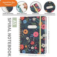 Carnet à spirales personnalisé avec impression florale UV, couverture rigide, bande élastique, format A5, ligné, journal d'écriture pour cadeau ou bureau