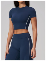 T-shirt de yoga court pour femme, manches courtes, col rond, bande latérale contrastante, brossé, séchage rapide, été, Pilates, gym, entraînement, vêtements de sport