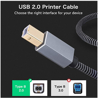 Kabel Printer 2FT, kabel pemindai kecepatan tinggi, kabel Printer USB, kabel kepang nilon 2.0 tipe a Male ke B Male