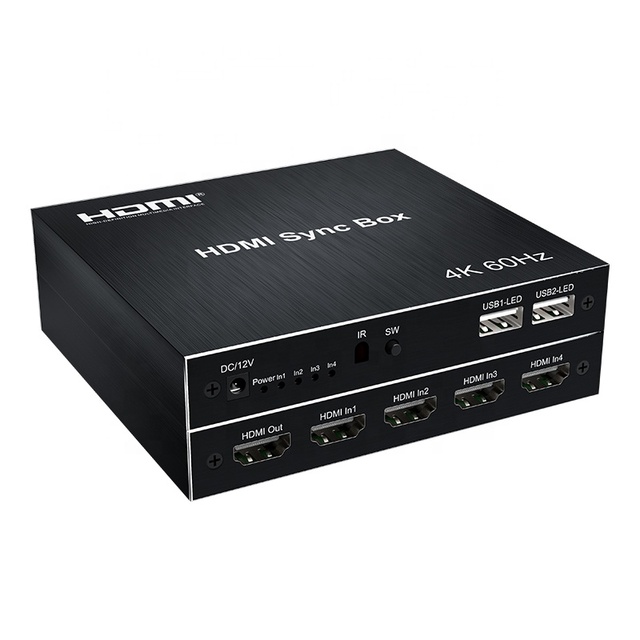 HDMI Sync Box 4x1 USB 2.0 Led Light Adapter 4K 60Hz 3D 1080P HDMI Sync Box 4x1 HDMI Switch Switcher Black