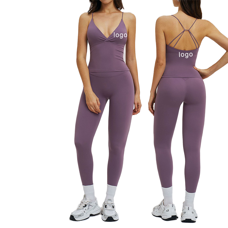 Custom LOGO Reversible Seamless Solid Deep V Neck Tank Top Cross Waist Leggings Acrivewear Stylish Naked Gym Sportswear Yoga Set