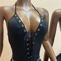 Combinaison noire sexy pour femme Jiubaju, style mode, décolleté plongeant, dos nu à lacets, nouvelle tenue sportive urbaine