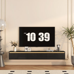 Meuble TV flottant sur pied avec éclairage LED, prise de courant, bois noir brillant, rangement réglable pour téléviseurs jusqu'à 65 pouces, idéal pour salon - Product Image 1