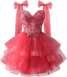 Vestido <span class=keywords><strong>de</strong></span> tul con capas y tirantes <span class=keywords><strong>de</strong></span> lazo, encaje estrellado, apliques tridimensionales, vestido corto <span class=keywords><strong>de</strong></span> lentejuelas para baile juvenil, personalizado - Product Image 4