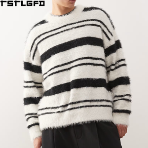 Pull en laine à rayures noires et blanches, tricot texturé duveteux personnalisé, col rond, manches longues, style streetwear décontracté, vente en gros, direct usine - Product Image 4