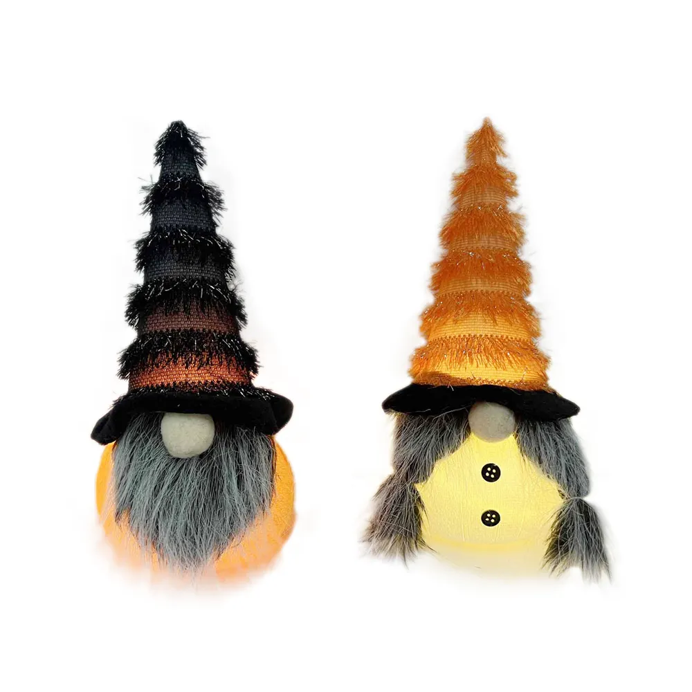 Votre usine fiable gâterie ou astuce décoration de vacances OEM ODM gnome de sorcière léger article en peluche Halloween gnome de lumière