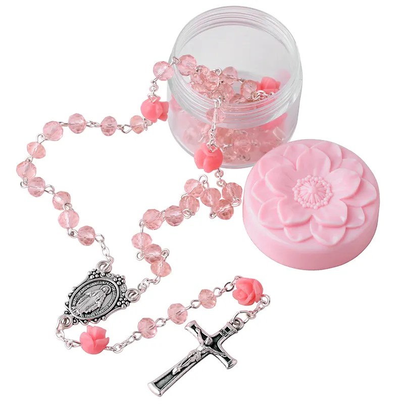 Joyería religiosa católica, cuentas de rosa de 8mm con cuentas de cristal redondas facetadas de 5x6mm, cadena de la Virgen María, Rosario en caja de regalo