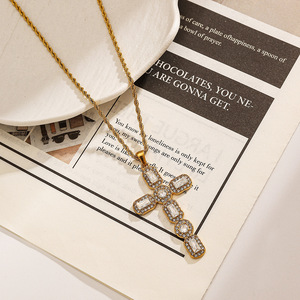 Stainless Steel <b>Cross</b> Necklace 18K Gold Plated White Diamond Pave Setting Adjustable <b>Chain</b> European Style Fashion Pendant - Product Image 1