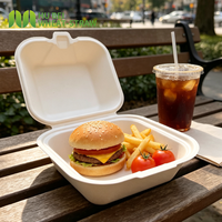 Boîte à emporter anti-graisse en bagasse pour burger, format clamshell 4x4 pouces, écologique, carrée, jetable