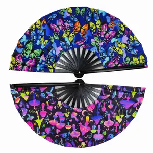 UV Festival Folding Hand Fan with Bamboo Ribs Folding Fans with Fabric Case glow in dark