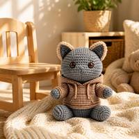 Peluche chaton stylée avec vêtements à capuche, style tricoté à la main au crochet, jouet en peluche chat cool