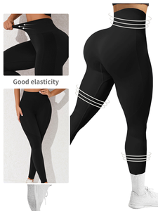 Leggings de sport côtelés taille haute pour le yoga, longueur intégrale, sans couture, noirs, en Spandex/Polyester, extensibles dans les quatre sens - Product Image 2