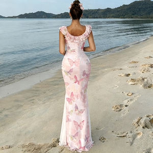 Vestido de Verano para Mujer, Estilo Francés, Estampado de Mariposas Rosas, Largo hasta el Suelo, Tejido, Cintura Natural, Cuello con Volantes de Encaje, Malla, para Vacaciones - Product Image 3