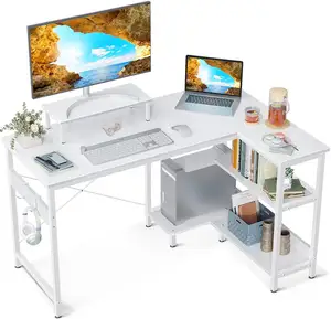 Meja komputer kayu baja bentuk L Modern, dengan Monitor CPU penyangga Host untuk penggunaan kantor sekolah meja belajar menulis sederhana