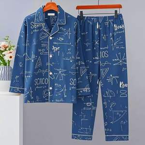 Set Pakaian Tidur Pria Pakaian Santai Lembut Celana Panjang Lengan Panjang Kardigan Kerah Piyama Pria Ukuran Besar Pakaian Tidur Mode Cetak Pakaian Rumah - Product Image 5