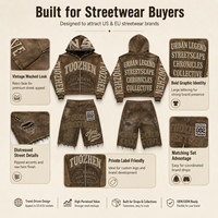 Vintage Washed Distressed Zip Hoodie Shorts Set Streetwear Grafik-Print Oversized Baggy Y2K Sommer Herren Zweiteiler Outfit