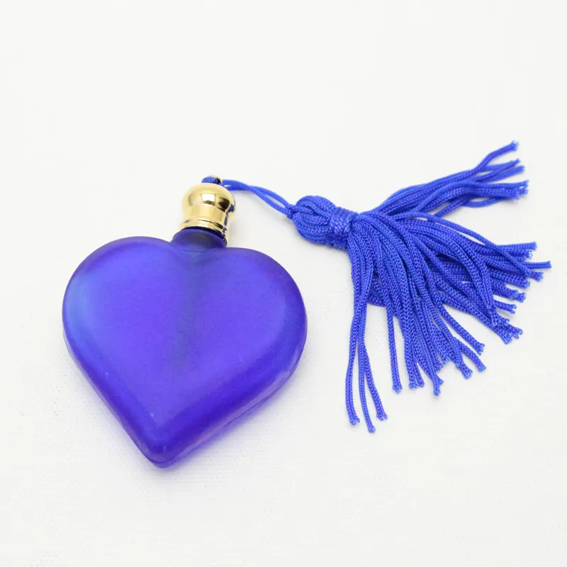 Heart shaped hanging decorative perfume glass bottle frosted blue color