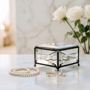Boîte de rangement pour bijoux en verre biseauté avec cadre en métal noir pour la décoration de la maison - Product Image 2