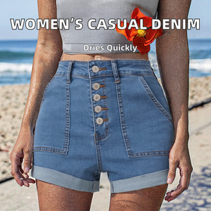 Nouveaux shorts en jean décontractés pour femmes, en polyester/coton, personnalisés, élégants, en denim délavé, pour l'été - Product Image 2