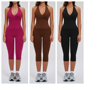Completi Sportivi da Donna 2 Pezzi per Corsa e Allenamento, Logo Personalizzabile, Abbigliamento Casual Sportivo, Top Canotta con Scollo a V e Leggings a Vita Alta <span class=keywords><strong>Aderenti</strong></span> - Product Image 6
