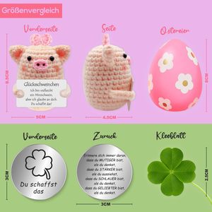 Muñeco de lana de cerdito de la suerte tejido a mano, juguete de ganchillo, cerdito rosa, con tarjetas de monedas de la suerte - Product Image 6