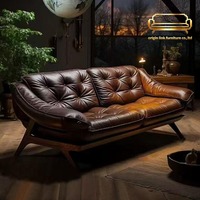 Canapé en cuir véritable de style rétro ; Style villa de luxe rétro française ; Utilisation dans un petit appartement, salon ; Cuir de vachette de première qualité, droit