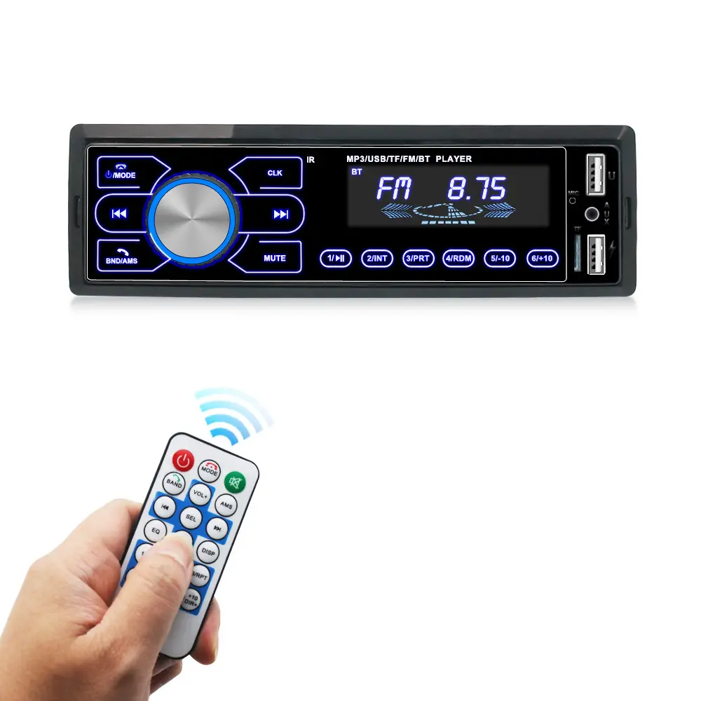 راديو سيارة بمعيار عالمي 12 فولت ومشغل MP3 بصوت ستريو مدمج في لوحة القيادة ومزود بمخرج USB وبطاقة SD وخاصية التوصيل مع منفذ AUX