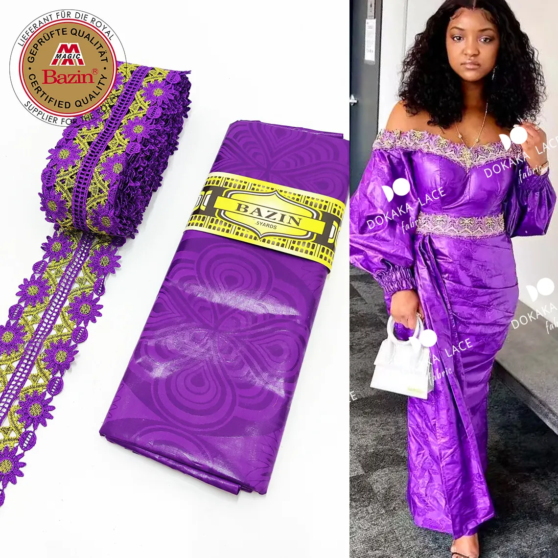 Perfect Match!! Purple Color Bazin Rich Original With Lace Trim Ribbon African Women Wedding Bride Dress Sewing Basin Material