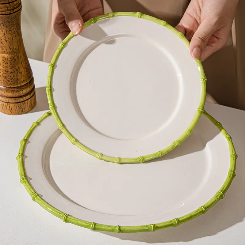 wedding event rental dinnerware round brown green pink ceramic porcelain dinner plate with bamboo rim
