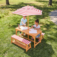 Ensemble table et banc de pique-nique d'extérieur pour enfants avec parasol et coussin rayé – Mobilier durable et personnalisable pour jardin, patio et activités de plein air