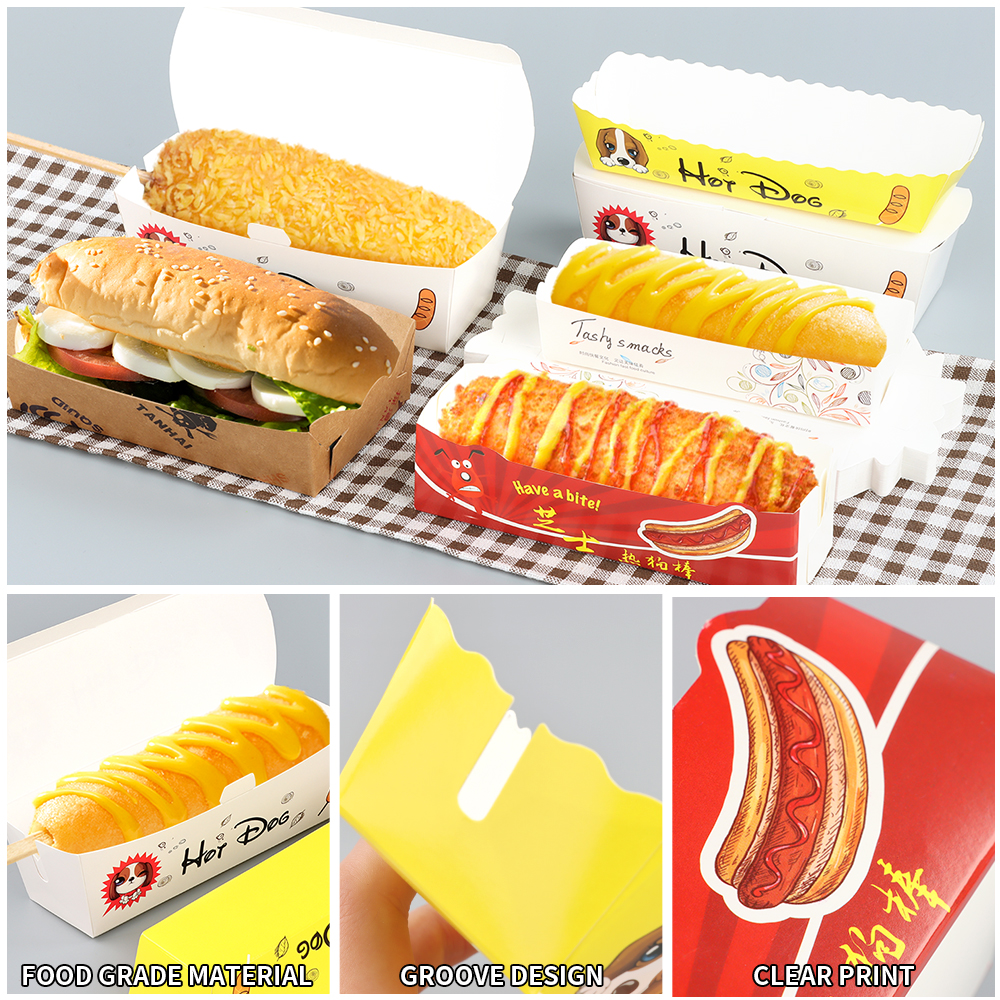 Custom Brown Kraft White Cardboard Hotdog Sandwich Food Hot Dog Packaging Paper Box Hot Dog Paper Tray