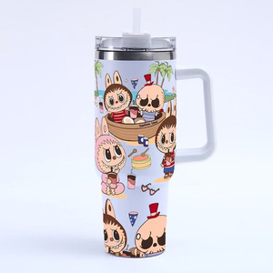 7 Designs Anime New 40oz Labubu Stainless Steel Car <strong>Mug</strong> Cartoon Design <strong>Thermos</strong> <strong>Mug</strong> with Handle and Straw for Camping Gift Box - Product Image 2