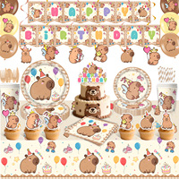 Vaisselle de fête Capybara, décoration d'anniversaire, assiettes en papier jetables pour enfants, gobelets, serviettes, ballons, décorations de gâteau, boîtes à popcorn