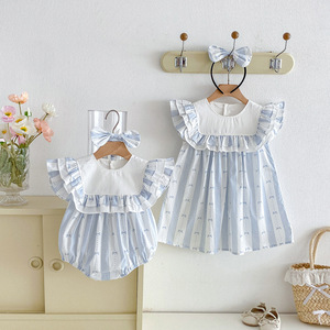 Tutine estive 2026 in stile coreano con volant per neonate, nuovi vestitini <span class=keywords><strong>blu</strong></span> da <span class=keywords><strong>principessa</strong></span> per bambine, abiti coordinati per sorelle - Product Image 2