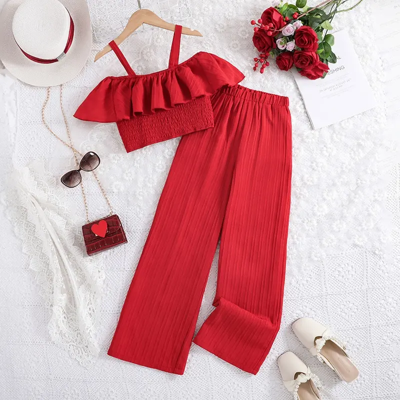 2024 แฟชั่นฤดูร้อนเด็กผู้หญิงเสื้อผ้าชุดขายส่งสีแดงปิดไหล่ Ruffle ท็อปส์ขากว้างกางเกง 2 ชิ้นเสื้อผ้าเด็ก